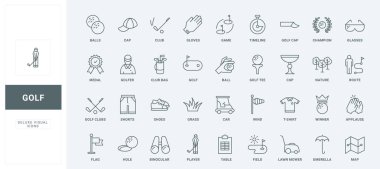 Golf sopaları ve top çantaları çim alanındaki deliğe, ders haritasına ve şampiyona ince siyah ana hatlı semboller vektör illüstrasyonuna. Golf ekipmanları ve oyuncu satırı simgesi setinin profesyonel turnuvası.