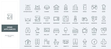 Mikrodalga ve buzdolabı, tost makinesi ve kahve makinesi, gardırop ince siyah ana hatlı semboller vektör çizimi. Ev aletleri, akıllı ekipmanlar ve ev çizgisi simgelerinin mobilyaları.