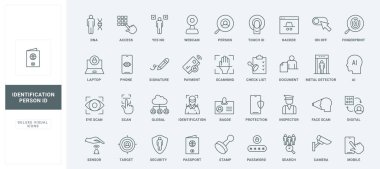 Göz ve parmak izi taranıyor, yüzü tarayıcı kare ince siyah çizgili çizgili semboller vektör illüstrasyonunda. Kullanıcı kimliği, kimlik kartı ve çalışan kartı, biyometrik tanıma satırı simgeleri ayarlandı.