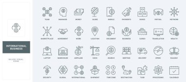 Ödeme, teslimat ve pazar yeri depolama hizmetleri, toplantı takvimi ve ince siyah ana hatlar vektör ilüstrasyonları için anlaşma ara. Uluslararası iş hattı simgeleri ayarlandı.