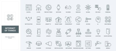 Özerk teknoloji hizmetlerinin dijital erişimi ve kontrolü, sunucuya veri paylaşımı, ince siyah ana hatlar vektör illüstrasyonları. Akıllı ev otomasyonu, güvenlik hattı simgeleri ayarlandı.