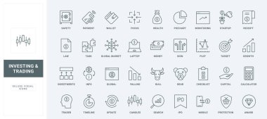 Piyasadaki iniş ve çıkışları izlemeye odaklanın. İnce siyah ana hatlı semboller vektör illüstrasyonları. Banka yatırımı, borsa ticareti, finans kar riski ve koruma hattı simgeleri belirlendi.
