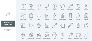 Aşçılar yemek pişirmek için aksesuarlar, elektrikli aletler ve teraziler, kahve makinesi ve ince siyah çizgili ince çizgili semboller vektör çizimi. Mutfak ekipmanları ve çatal bıçak hattı simgeleri ayarlandı.