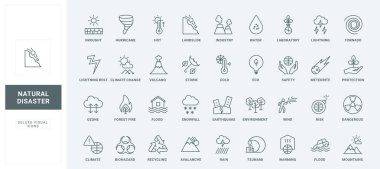 Kazaların riski ve tehlikesi, sel felaketinden korunma, orman yangını ve fırtına, tsunami ince siyah çizgili semboller vektör çizimi. Doğal afet çizgisi simgeleri belirlendi.
