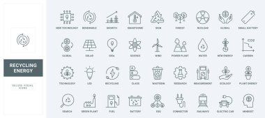 Alternatif kaynak, bilimsel araştırma ve sürdürülebilirlik fikri ince siyah ana hatlı semboller vektör illüstrasyonu. Çevre koruma teknolojisi ve yeşil enerji çizgisi simgesi.