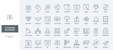 İnternet eğilimleri ince siyah ana hatlı semboller vektör illüstrasyonudur. Video ve makalenin oluşturulması, blog içeriğine yanıt veren arayüz tasarımı, para hattı simgeleri oluşturmak için telif hakkı koruması.