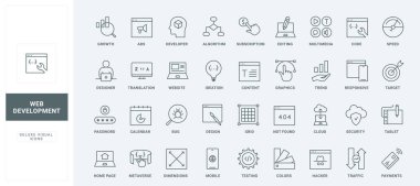 Düzenleme ve tasarım, ana sayfa içeriği ince siyah ana hatlı semboller vektör illüstrasyonu. Web geliştirme, yazılım ve program kod optimizasyonu, programcı satır simgeleri tarafından test.