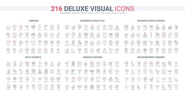 Analiz çizgisi simgesi seti için bilim, veri ve belge işleme, finans geliri, yazılım ve model. Ölçüm ve yön okları ince siyah ve kırmızı dış hat sembolleri vektör illüstrasyonları