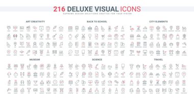 Okul ve bilim bilgisi, kentsel elementler çizgi simgesi seti. Sanat eserlerinin yaratıcılığı ve portföyü, antik müze, otel ve tatilde alışveriş ince siyah ve kırmızı ana hatlar vektör çizimleri