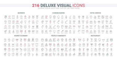 Halk topluluğu, yemek pişirme hattı ikonu seti. İş ekibi, gelişim yönü, restoran ve otel konukseverliği yemek servisi ince siyah ve kırmızı ana hatlı vektör çizimi.