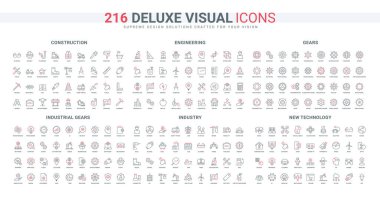 Mühendislik, geleceğin teknolojisi ve yapay zeka, endüstri ve inşaat çizgisi ikonu seti. Mekanik atölye dişlileri, motor ve bisikletin bir parçası ince siyah ve kırmızı ana hat çizim sembolleri vektör illüstrasyonları