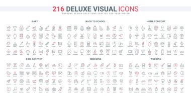 Çocuk aktivitesi, okul ve öğrenci becerileri yarışması, tıp çizgisi ikonu seti. Düğün ziyafeti ve seyahat, ev konforu eşyalar, bebek bakımı ve fidanlık ince siyah ve kırmızı çizgili semboller vektör çizimi