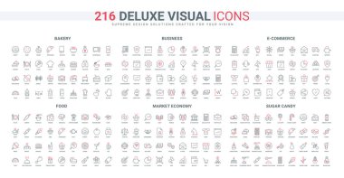 Şekerler ve fast food, iş iletişimi ve analiz, büyüme çizgisi simgesi seti. Fırın ve restoran ürünleri, ekipmanlar, tarifler ince siyah ve kırmızı ana hatlar vektör illüstrasyonları