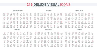 Biyoteknoloji ve tıp, bilim araştırması ve deney, doktor çizgisi ikonu tarafından sağlık kontrolü. DNA molekülü ve kromozomları kesilir, incecik siyah ve kırmızı ana hatları test edilir.