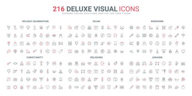 Farklı dinler çizgi ikonu seti. Musevilik, Hristiyanlık, İslam, Budizm dini inanç piktogramları, bayramlar kutlaması ve eğlence ince siyah ve kırmızı çizgili semboller vektör çizimi