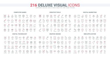 Yaratıcı araç ve grafik tasarımı, web uygulaması için fikir oluşturma, video oyun satırı simgesi seti. Pazarlama, e-posta ve sosyal medya reklamları ince siyah ve kırmızı ana hatlar vektör gösterimi