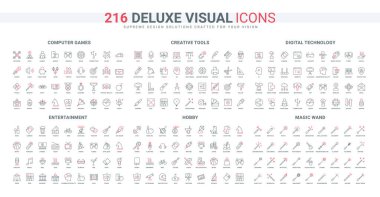 Dijital teknoloji ve yapay zeka, bilgisayar ve telefon hattı ikonu seti için video oyunu. Yaratıcı tasarım, hobi ve eğlence için araçlar, çubukta parti ince siyah ve kırmızı ana hatlı semboller vektör illüstrasyonları