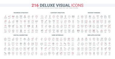 Dijital pazarlama, tasarım düşünme ve yaratma, web uygulama çizgisi simgesi seti. Yapı ve izleyici odaklanma, yazı ve içerik yükleme zamanlaması ince siyah ve kırmızı ana hat sembolleri vektör illüstrasyonları