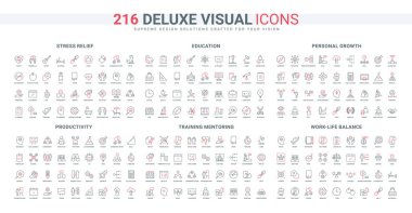 Çalışanların iş toplantılarının ve çözümlerin verimliliği, kişisel büyüme, stres karşıtı, denge çizgisi simgesi seti. Eğitim zorluğu ve başarı ince siyah ve kırmızı ana hatlar vektör illüstrasyonları