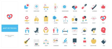 Stres ve psikoloji yardımı, akıl hocalığı, ilişki, sakin ruh rengi ikonu seti. Uyumak ve günlük tutmak, rahatlamak ve merhamet stres düz vektör illüstrasyonunu hafifletir