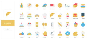 Pastane, pastane ürünleri ve aşçı aletleri, ekmek ve tatlı tatlılar renk ikonu seti. Buğday unu, pasta ve pizza dilimi, kruvasan ve krep, donut yassı vektör çizimi.