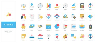 Cep telefonu uygulamalarında online bankacılık, banka ödemeleri ve döviz kuru, tasarruf koruma renk ikonu seti. Kredi kartı ve cüzdana erişim, nakit para satışı, zenginlik büyümesi düz vektör çizimi