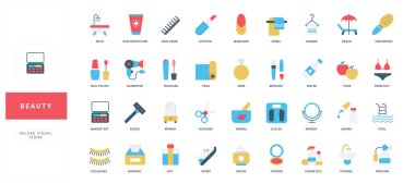 Güzellik, cilt ve saç bakımı, sağlıklı gıda ve kilo kontrolü, yoga ve plaj tatil ikonu seti. Makyaj ve yüz bakımı, hijyen rutini ve kuaför prosedürü düz vektör çizimi