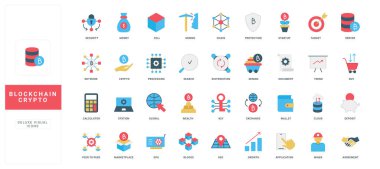 Engelleme zinciri ve kripto cüzdan, düğüm ve merkezi olmayan ağ, kripto döviz ve veri madenciliği, yatırım rengi simgesi seti. Dijital para kaynakları, piyasa ticareti düz vektör illüstrasyonu