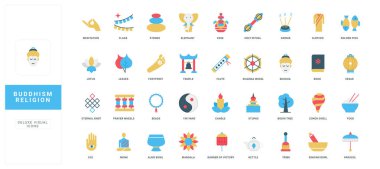 Budizm, Budist tapınağı ve keşiş adağı, Buda heykeli, mandala renk ikonu seti. Bodhi ağacı ve göz muskası, stupa ve dua boncukları, vajra ve şifalı ses kasesi, meditasyon düz vektör çizimi
