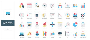 İş analizleri, analist araçları ve trend bilgi analizi için yazılım, grafikler raporu ve istatistik renk ikonu seti. İş sunumu ve yöneticilerin vizyonu, araştırma dairesi illüstrasyonu