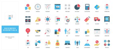 İş gereksinimleri, çalışanların süreç ve başarı üzerindeki takım çalışması, stratejik plan renk ikonu seti. Pazarlama ve CRM, kağıt işleri ve sözleşme, kazançların büyümesi ve karlı düz vektör çizimi