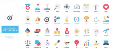 İş motivasyonu, insan kaynakları stratejisi, kariyer zorluğu verimliliği, büyüme teşvikleri, gelişim renk ikonu seti. Podyumun tepesinde ısrarcı ve kendinden emin kazanan, düz vektör çizimi