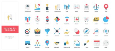 İş süreci, iletişim ve hedef başarısında ilerleme, üretim büyüme renk simgesi belirlendi. Takım ve ofis belgelerinin organizasyonu, başlangıç, ortaklık planlaması düz vektör illüstrasyonu