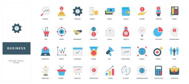 Şirket işleri ve iş adamı amaçları, kâr ve ödül renk ikonu seti. Piyasa eğilimi analizi, mali varlıkların korunması ve fikir, ortaklık araması düz vektör illüstrasyonu