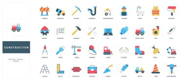 İnşaat malzemeleri ve makineler, işçi aletleri ve güvenlik vitesi renk ikonu seti. İnşaatçılar alet çantası ve müteahhitler miğfer, bariyer ve koni, ev projesi, beton düz vektör çizimi