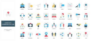 Ekipteki iletişim, insan ilişkileri, sohbet ve diyalog, ortaklık renk ikonu seti. Sohbet mesajı ve çağrı, konuşma balonu, fikir sunumu ve düz vektör illüstrasyonunu paylaş