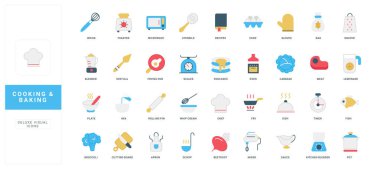 Pişirme ve pişirme araçları, pastacılık ve fırın, restoran şeflerinin ekipman rengi ikonu seti. Zamanlayıcı ve aletler, pişirmek için kızartma tavası, yemek tarifi kitabı ve esrar, mikrodalga düz vektör çizimi