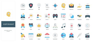 Telif hakkı, marka ve fikri mülkiyet, icat koruması ve ticari renk ikonu seti. Fikir ve yazarlar portföyü, müzik ve oyun için patent, yaratıcı video içeriği düz vektör çizimi