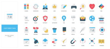 Telif hakkı, blog içeriği araması, orijinal makale fikri, yaratıcı hikaye anlatma renk simgesi seti. Kalem ve kalemle metin yazarının eli, kitap yazmak için daktilo, düz metin vektör illüstrasyonunu düzenle