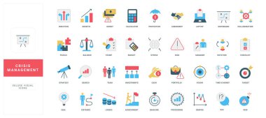 Kriz yönetimi, iş riskleri kontrolü ve analizi, finansal sigorta renk ikonu seti. Güvenlik kararı ve büyüme stratejisi, para denetimi, yöneticiler vizyon ve strateji düz vektör illüstrasyonu
