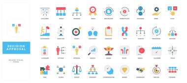 Karar onayı, yön ve yön seçimi, odaklanma zorluğu, anlaşma renk ikonu seti. Keneler liste seçeneklerini onaylar ve onaylanmış belge, görev ve sonuç, iletişim düz vektör illüstrasyonu