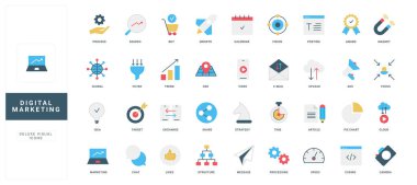 Dijital pazarlama ve reklam stratejisi, hedef satışlar ve SEO analizi, trend büyüme renk ikonu seti. e-posta ve doğrudan iletiler, sosyal medya, mıknatıs ve filtreleme düz vektör illüstrasyonu makaleleri