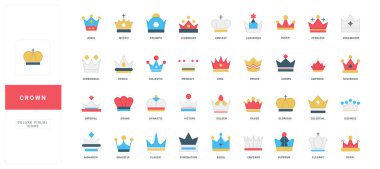 Kral ve kraliçenin kraliyet tacı, lüks ödüller ve mücevherler, birinci sınıf ödül renk ikonu seti. Ortaçağ prensi ve prensesinin klasik tacı, en iyi kalite ve rütbe, zenginlik amblemi düz vektör çizimi.