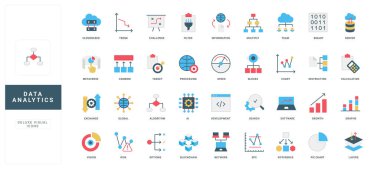 Veri analizleri, bilgi araştırmaları ve algoritmalar, yapay zeka ve engelleme renk simgesi seti. Bulut ağ performansı, küresel veritabanı ve sunucu iş akışı, istatistiksel çizelge düz vektör illüstrasyonu
