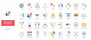 Karar verme, problem ve fırsat vizyonu, çözüm araştırması, eleştirel zihniyet renk ikonu seti. Görev, ikilem ve rota düz vektör illüstrasyonunun kesişim noktalarını çözmek için algoritma ve analiz