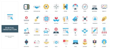 Dijital yenilik eğilimi, sanal gerçeklik ve fütüristik 3D modelleme, yapay zeka renk ikonu seti. Mühendislerin çözümleri ve tıbbi testleri, bloklar ve kümeler, teknolojik grafik tasarım düz vektör çizimi