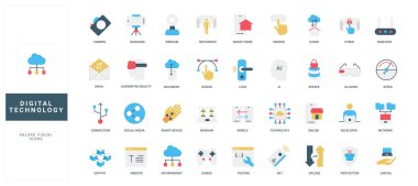 Dijital teknoloji ve yapay zeka desteği, veri ağı ve sunucular, akıllı ev rengi simgesi seti. Kripto para ve oyunlar, kablosuz bağlantı, geliştirici düz vektör çizimi testi