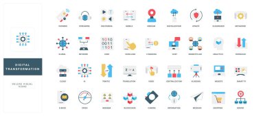 Verilerin dijital dönüşümü, küresel ağ ve yazılım kodu, yapay zeka renk simgesi seti. Engelleme pazarı analizleri ve mobil bankacılık, trafik ve multimedya bulut değişimi düz vektör illüstrasyonu