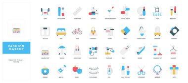 Moda makyaj ve güzellik, modern yaşam tarzı renk ikonu seti için cilt bakım aksesuarı. Makyaj çantası ve tuvalet masası, tıraş ve tırnak cilası, krem şişesi düz vektör çizimi.