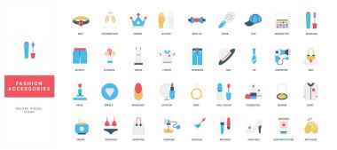 Lüks aksesuar, giysi, makyaj ve bikini, mücevher rengi ikonu seti. Kozmetik ürün ve SPF kremi, saç ve güzellik ürünleri, tırnak cilası ve düz vektör illüstrasyonları